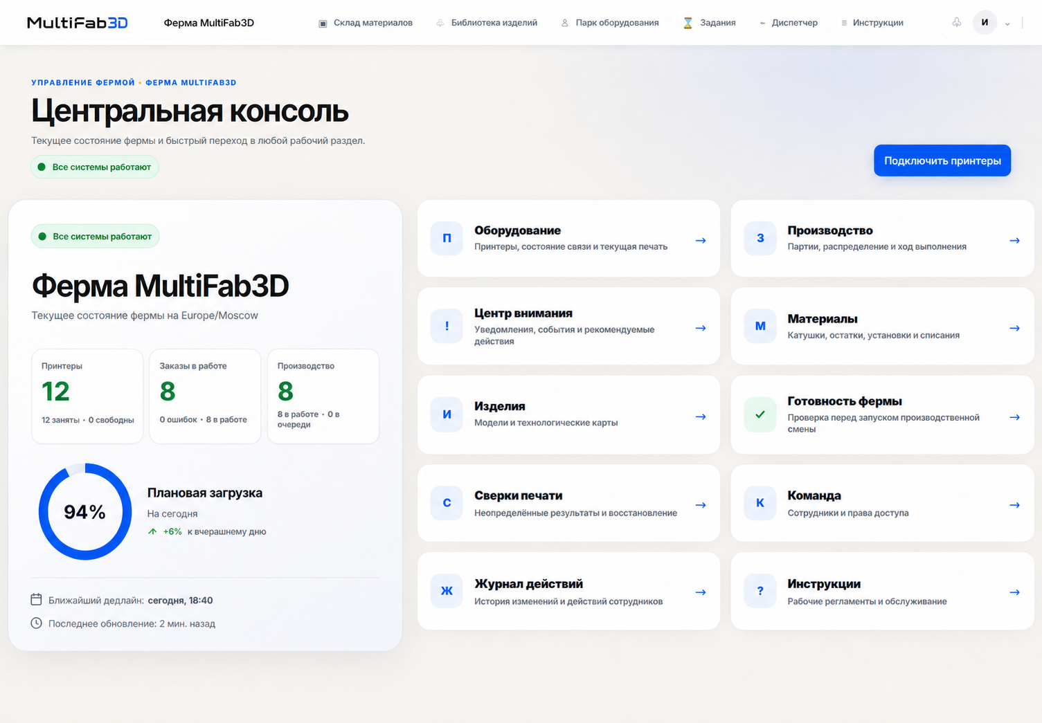 Интерфейс MultiFab3D: центральная консоль управления фермой 3D-принтеров